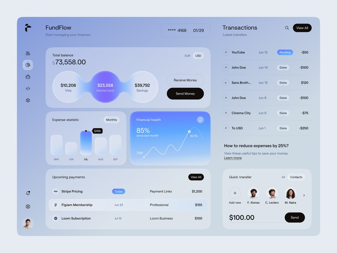 Finance management dashboard with transactions and balances