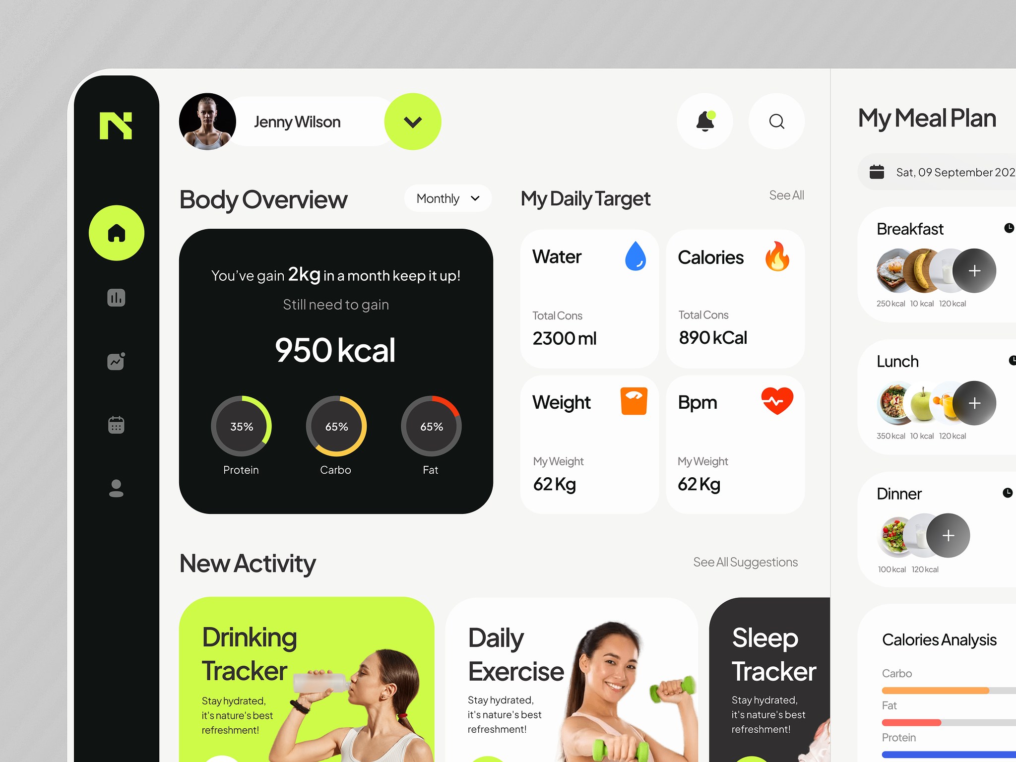 Fitness and nutrition tracking dashboard interface