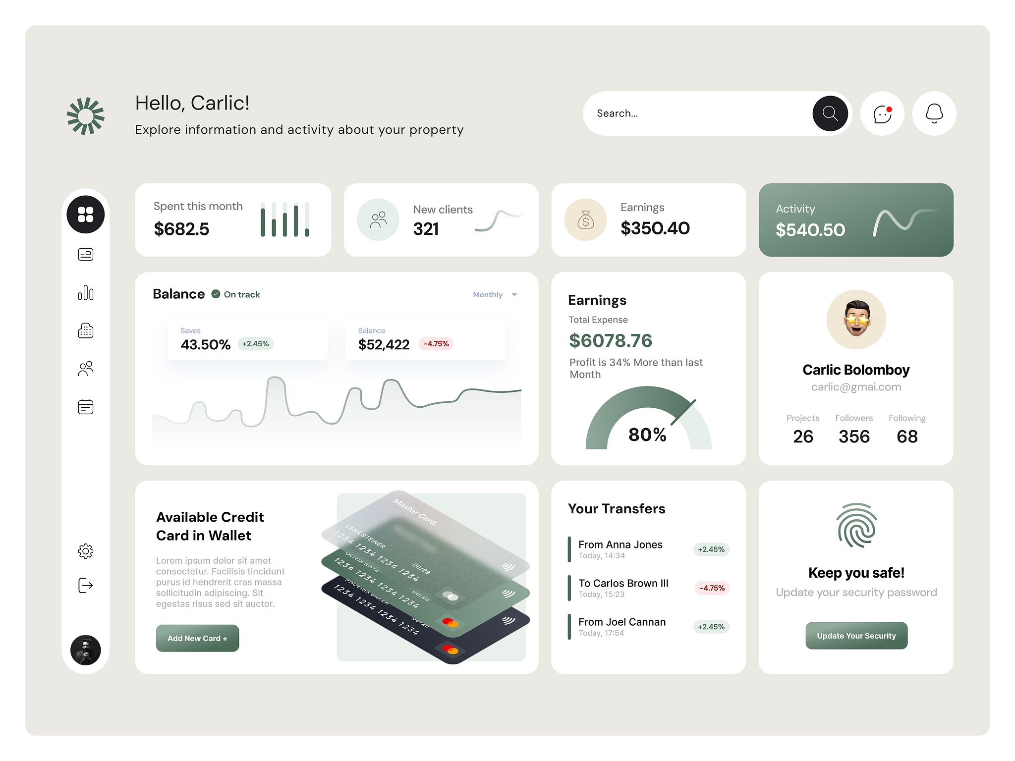 Financial dashboard with spending and account overview