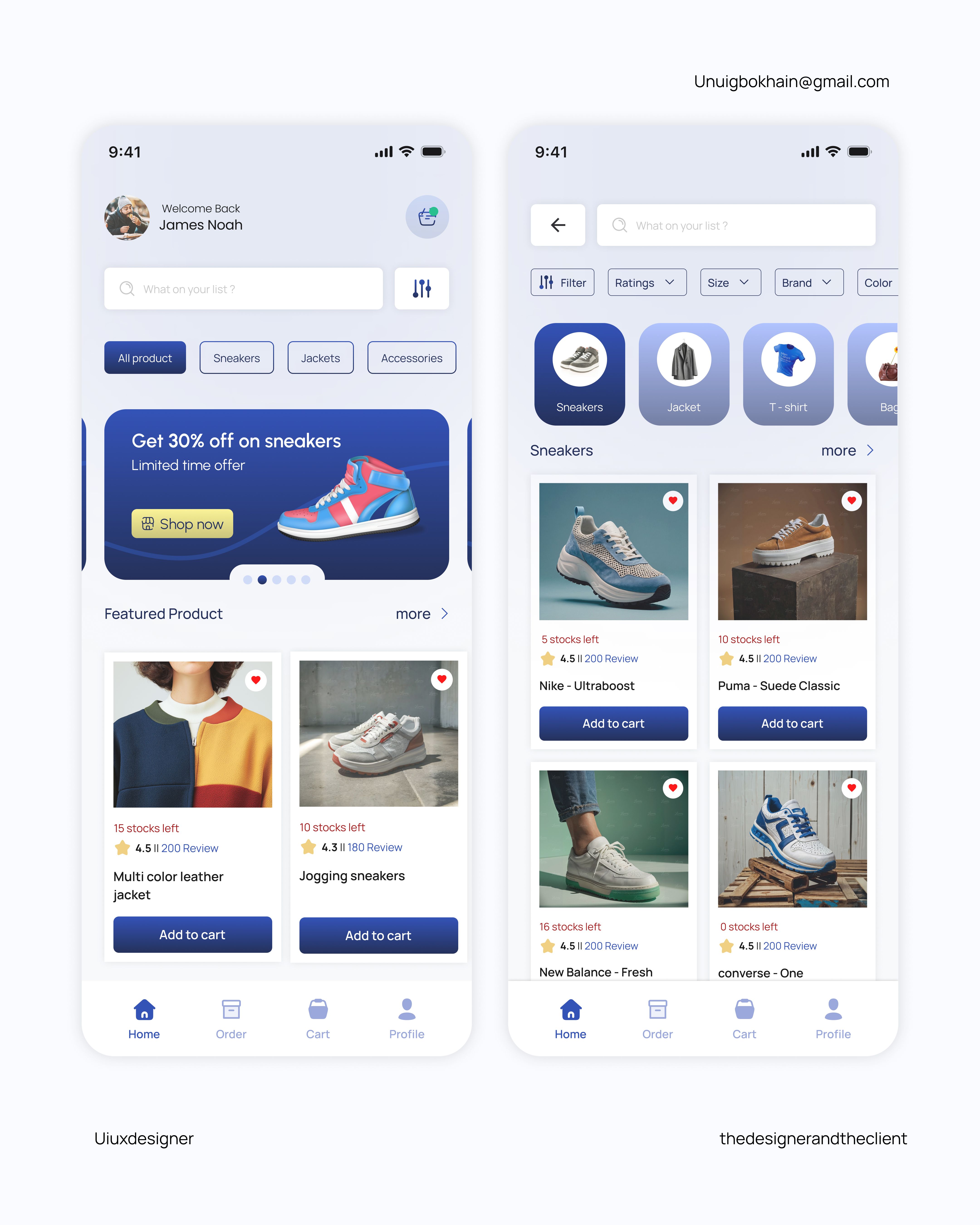 Fashion commerce app home and product listing screens